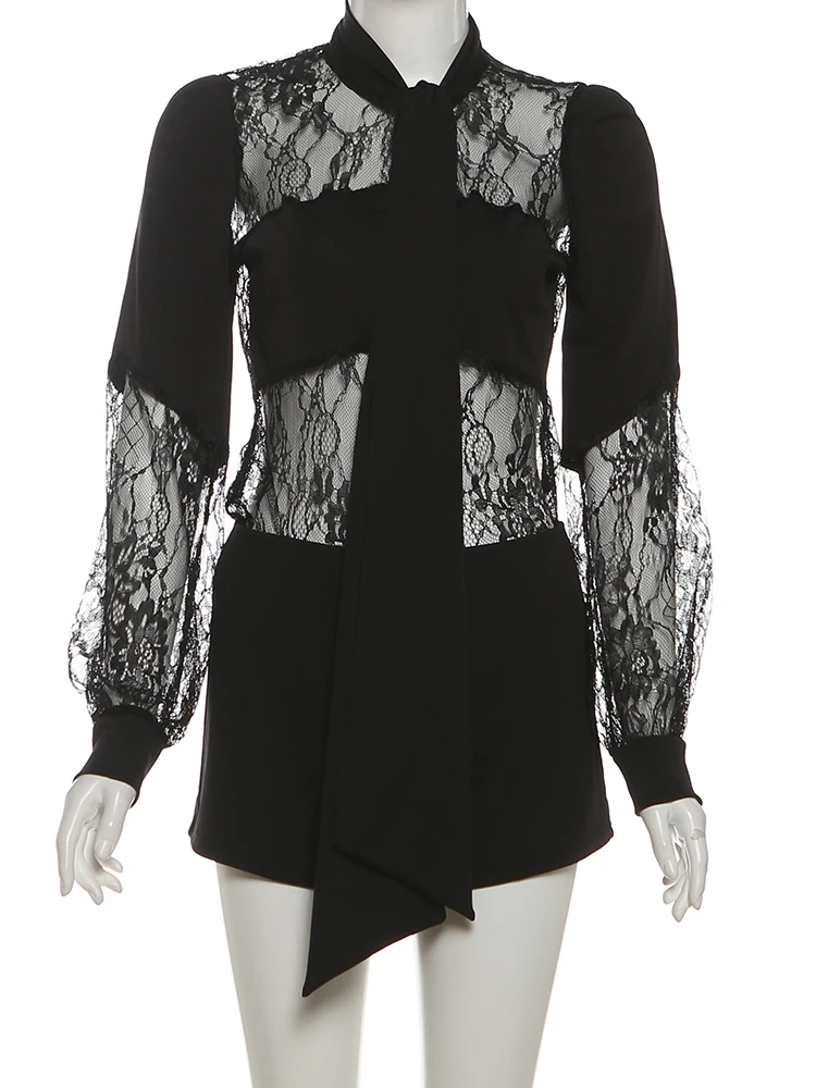 Kliou セクシーなファッション 2 ピースセット女性メッシュパッチワークリボン装飾シングルブレストトップ + スキニーショーツミッドナイトクラブパーティースーツ