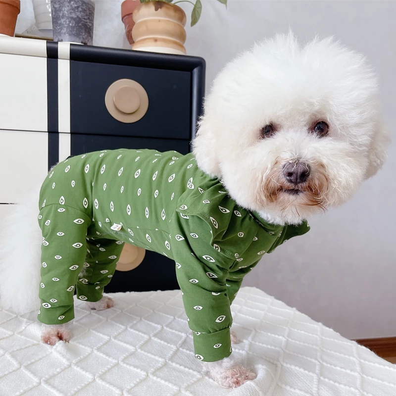 Pet Dog Clothes Teddy Chihuahua Trendy Print Green Four Feets Cotton Jumpsuits For Small Medium Dog Outerdoor Puppy Dog Clothing