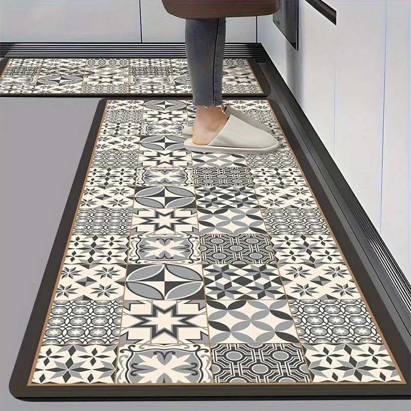Portuguese Style Patchwork Pattern Carpet Bohemian Geometric Floral Pattern Mat, Used for Indoor Kitchen and Home Decoration
