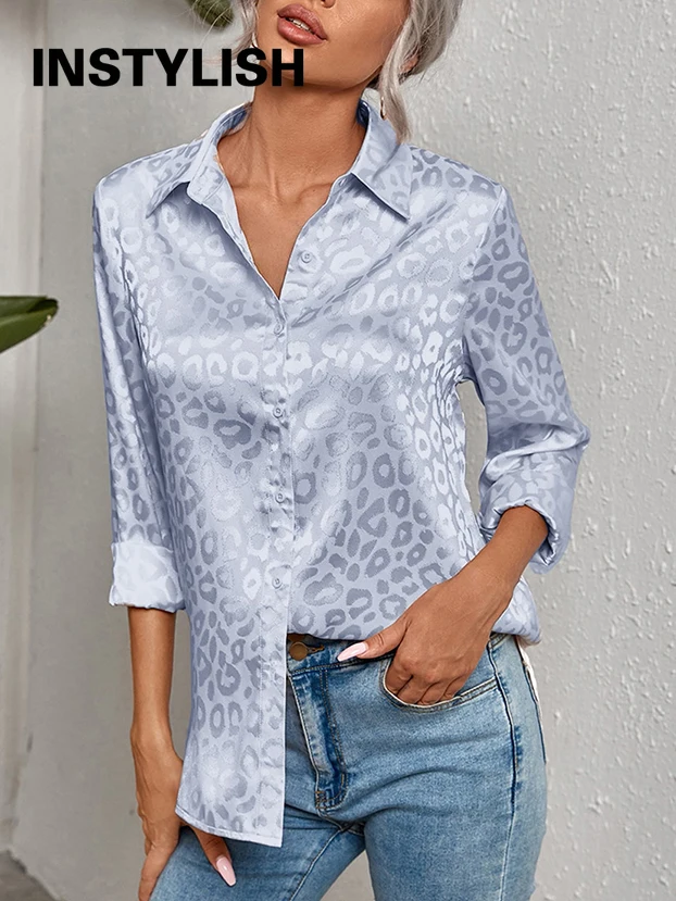 Elegant Office Lady Leopard Print Lapel Blouse Casual Long Sleeve Jacquard Spring Summer Luxury Shirt Vintage Oversize Top Tunic