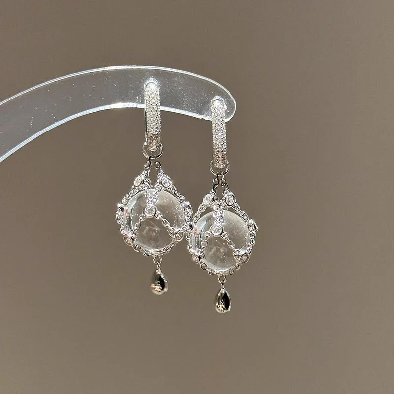 Vintage inlay Diamonds exquisite luxury round bead white crystal earring circular mesh bag earrings for women wedding jewelry
