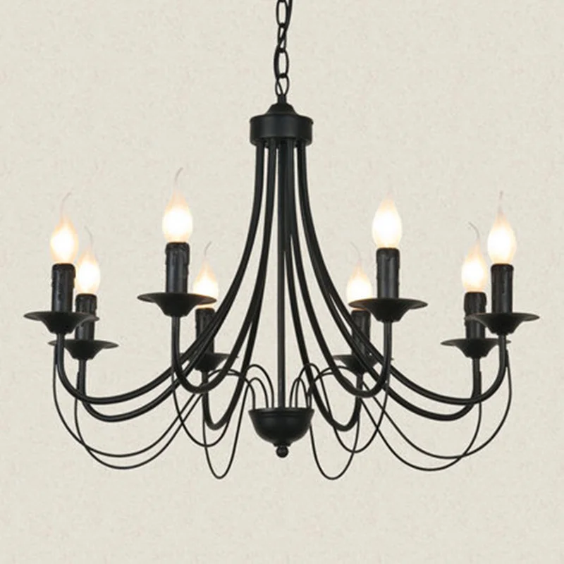 Vintage Wrought Iron Chandelier Candle Light Black Metal Lighting Fixture for Living Room Foyer Hanging Pendant Lamp