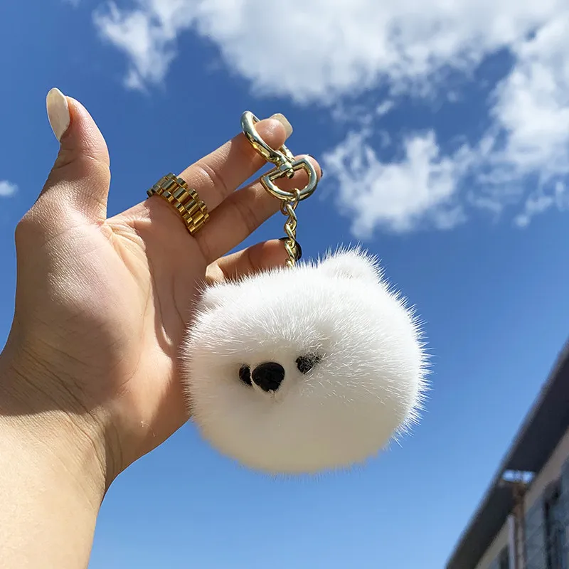 Women Real Mink Fur Keychain Soft Little Dog Toy Car Key Metal Pendant Fur Pompon Ball Bag Charm Keyring Luxury Handmade Gifts