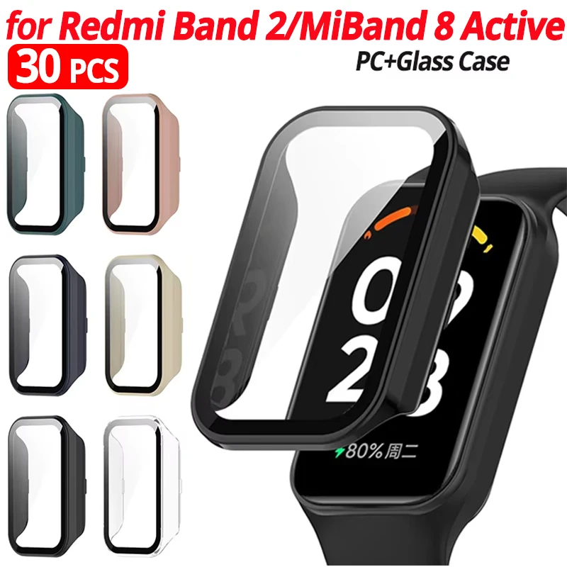 1 Pack Case for Redmi Smart Band 2 Mi Band 8 Active Screen Protector Case Hard PC Bumper +Glass Film for Xiaomi Mi Band 8 Active