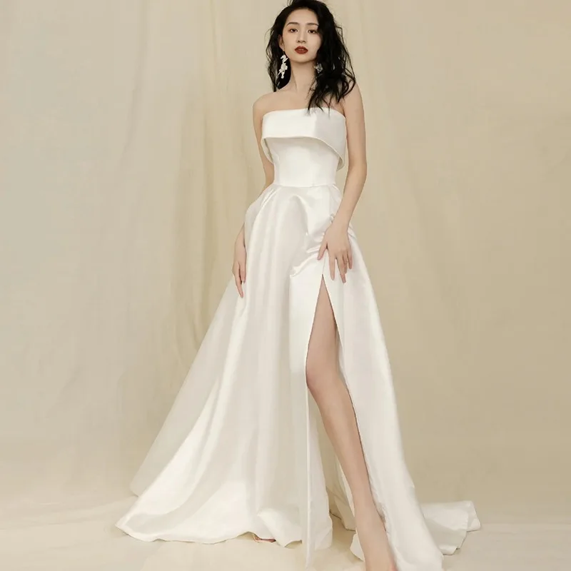 Breast Satin Wedding Dress 2023 Autumn New Slit Train French Dress