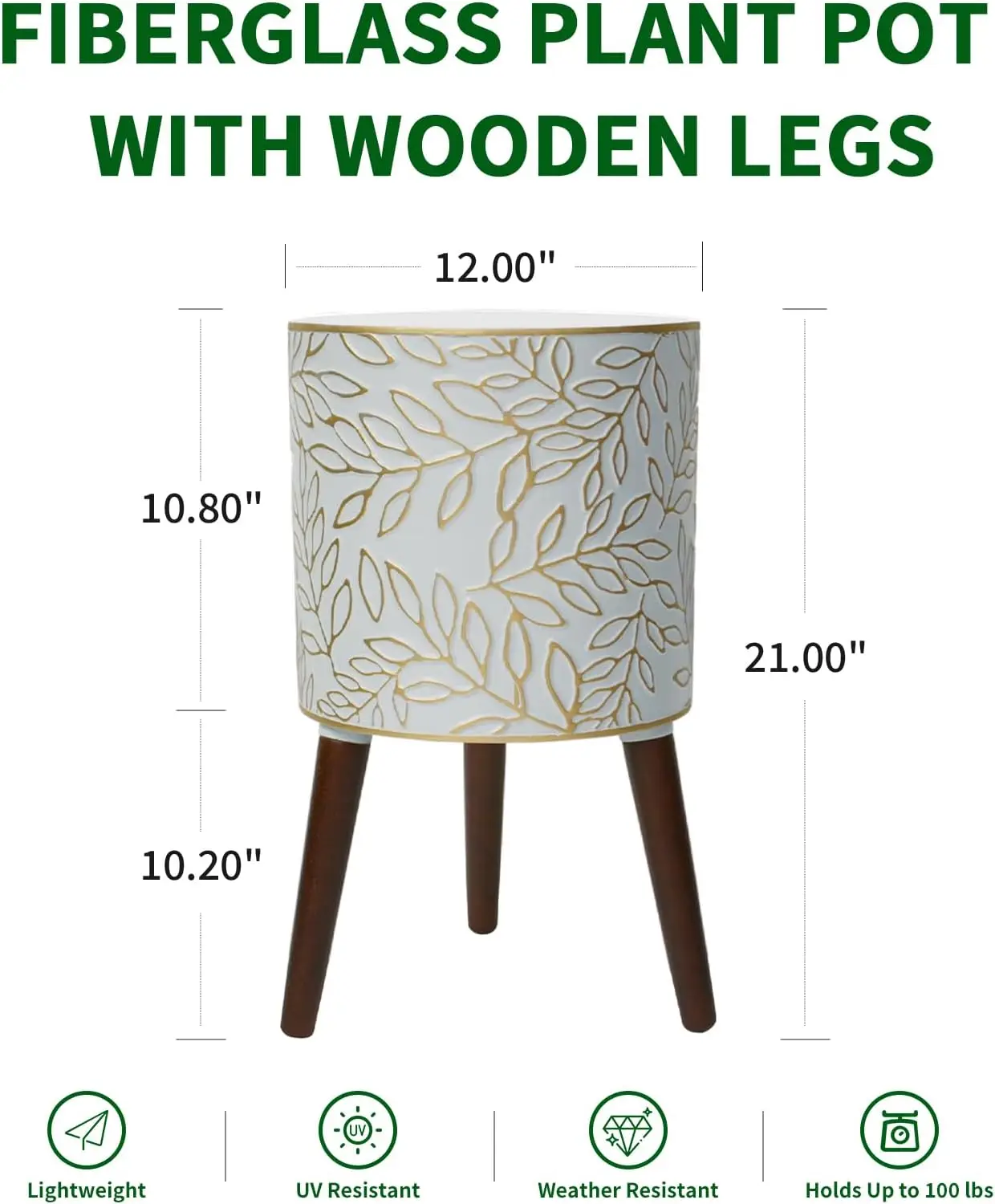 Indoor and Outdoor Use, Wood and Plastic, Gold, Modern 12-inch Plant Pots with Drainage Holes and Floral Embossed Design