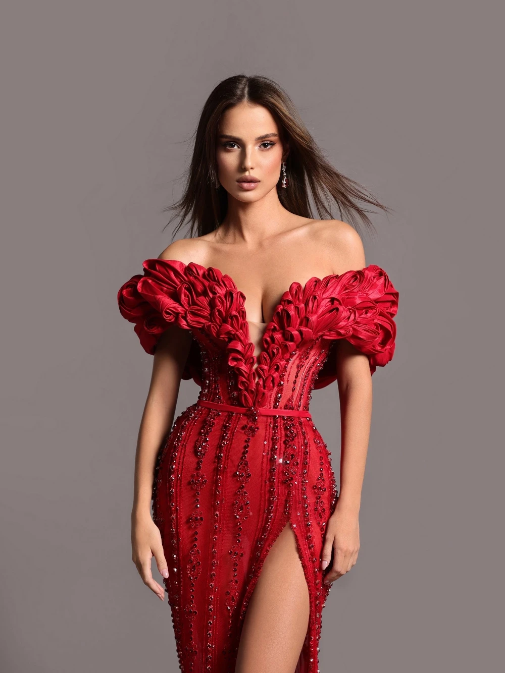 Ruched Off Shoulder Red Evening Dress Beautiful Beading Celebrity Customized Sexy High Slit Dazzling Modern Cocktail Gown
