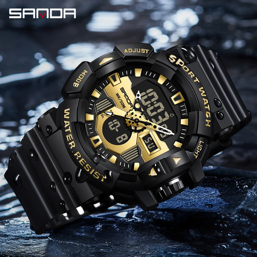 SANDA Men Military Sport Wrist Watch Yellow Blue Quartz Waterproof Watch Dual Display Male Clock Watches Relogio Masculino 3129