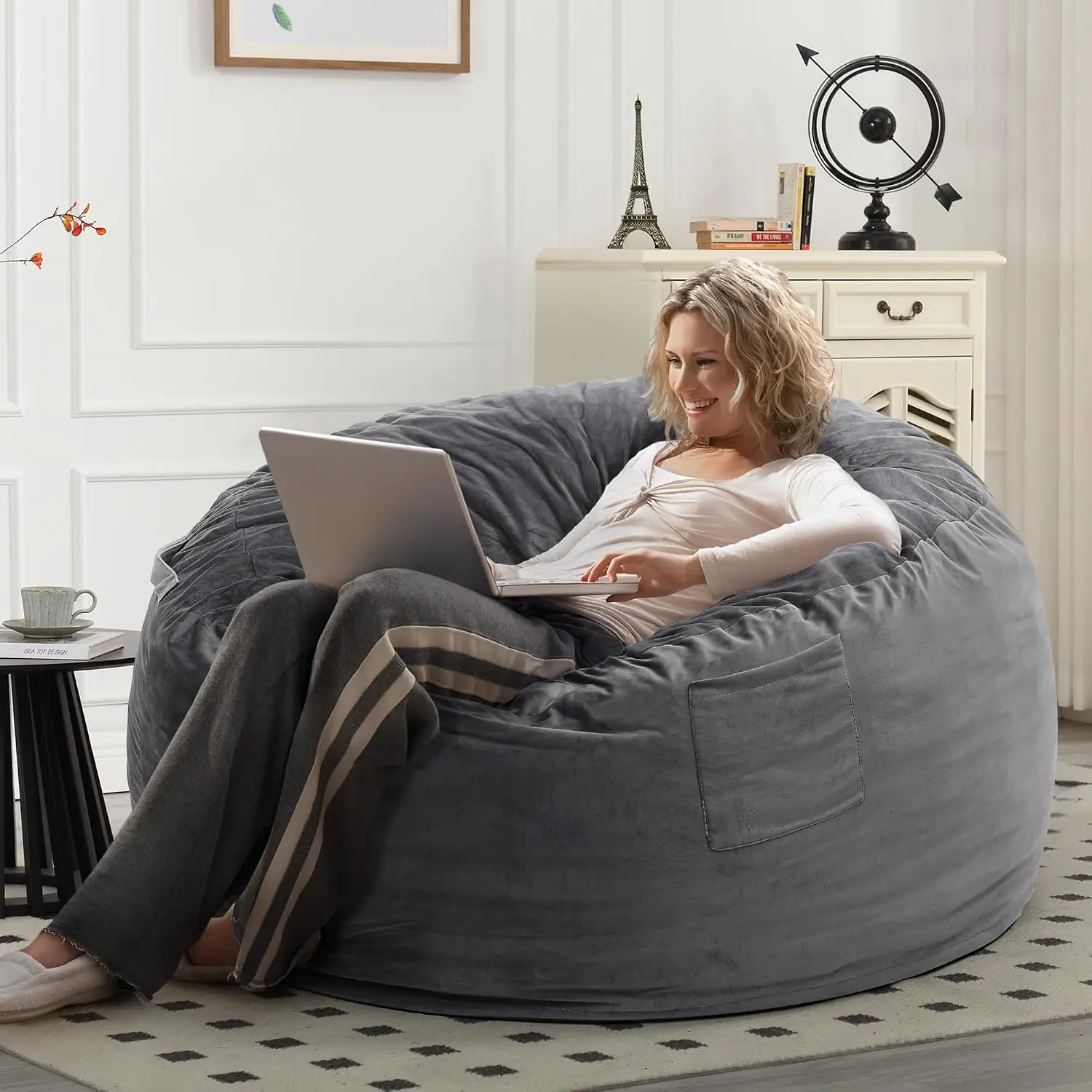 Bean Bag Chair with Filling Included, Large 4FT Comfy Bean Bag Chairs for Adults, Teens, Memory Foam, Machine Washable Thick Dutch Velvet Cover, for Living Room, Den, or Bedroom, Dark Grey view 4
