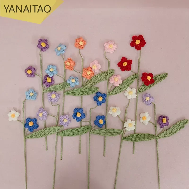 Home Decoration Accessories Artificial Flowers Hand Woven Crochet Multi Head Puff Flower Branch Bouquet Table Decor for Wedding