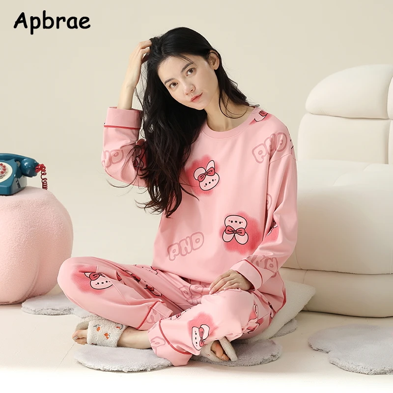 Cute Rabbit Print Cartoon Sleepwear Autumn Winter Woman Pajamas Set Pullover Long Sleeves Girl Homewear Lady Soft Loungewear