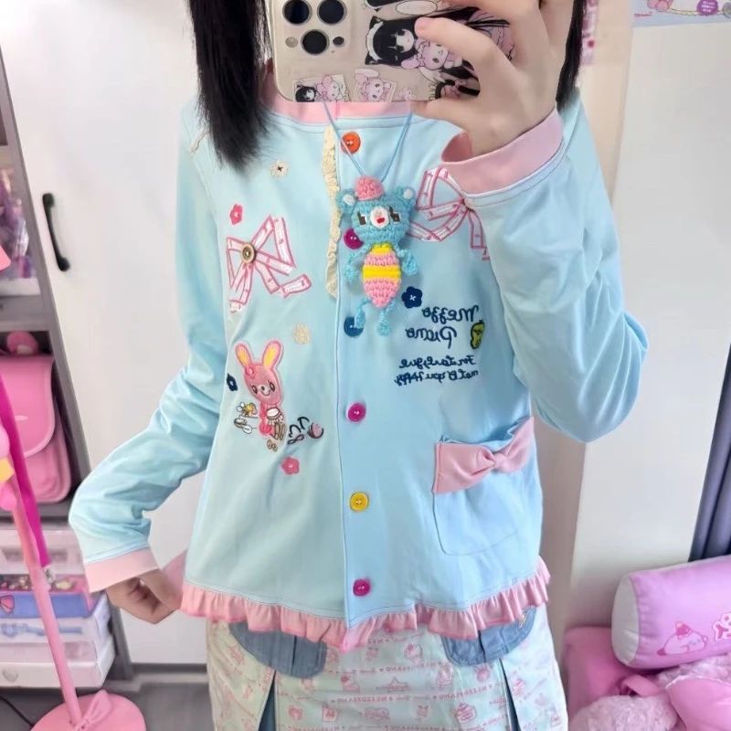 

Японское пальто в стиле кавайной Лолиты Y2k, эстетический кардиган для девочек с милой мультяшной вышивкой, женский кардиган с рюшами в стиле пэчворк, куртка с карманом и бантом