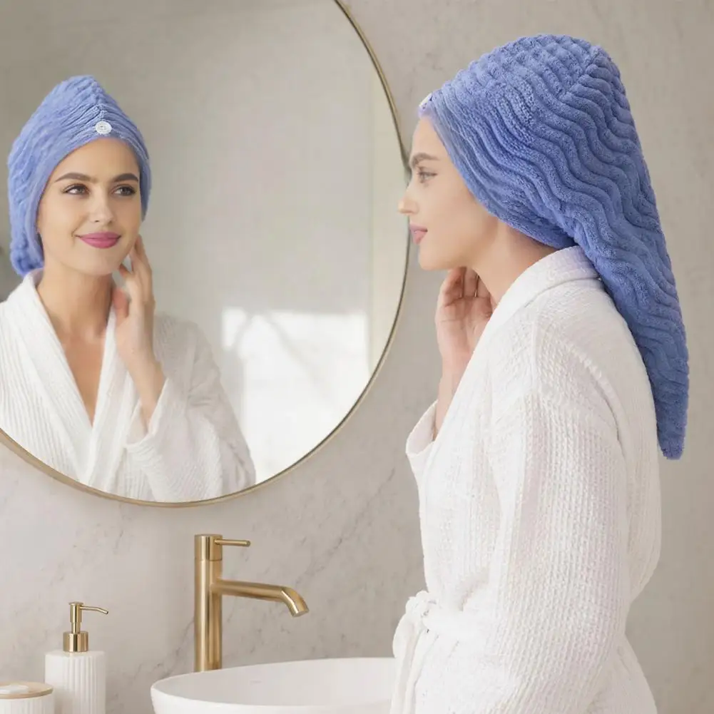 Hair Towel Soft Hair Turban Super Absorbent Coral Fleece Hair Drying Wrap Soft Microfiber Bath Turban with Button Fast for Long