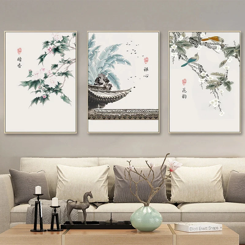 Vintage Chinese Style WaterColor Plum Blossom Wheat Posters Prints Canvas Printing Wall Art Picture for Living Room Home Decor