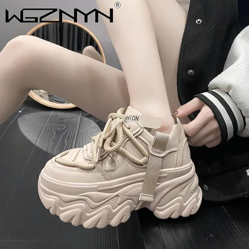 

Autumn Breathable Thick Bottom Casual Shoes New 2024 Women's Chunky Leather Sneakers High Platform Ulzzang Sports Dad Shoes