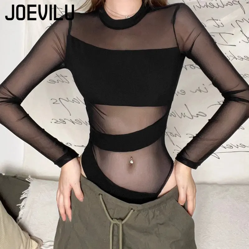 

JOEVILU Women's Long Sleeve Bodysuits Sheer Mesh Hollow Out Sexy Slimming Pure-Sexy Cute Tops Semi-See-Through Baselayer T-Shirt