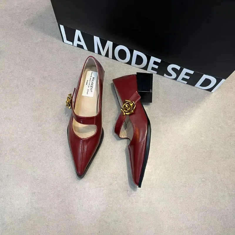 2025 New Spring Metal Rose Red Single High Heel Women's Shoes Wide Heel Champion Mary Jane Shoes Wedding Shoes Bride image 3