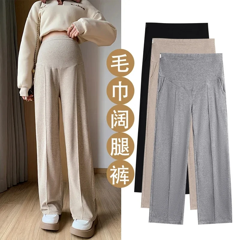 Autumn Winter Soft Cashmere Maternity Straight Pants Wide Leg Loose Straight Belly Trousers for Pregnant Women Pregnancy