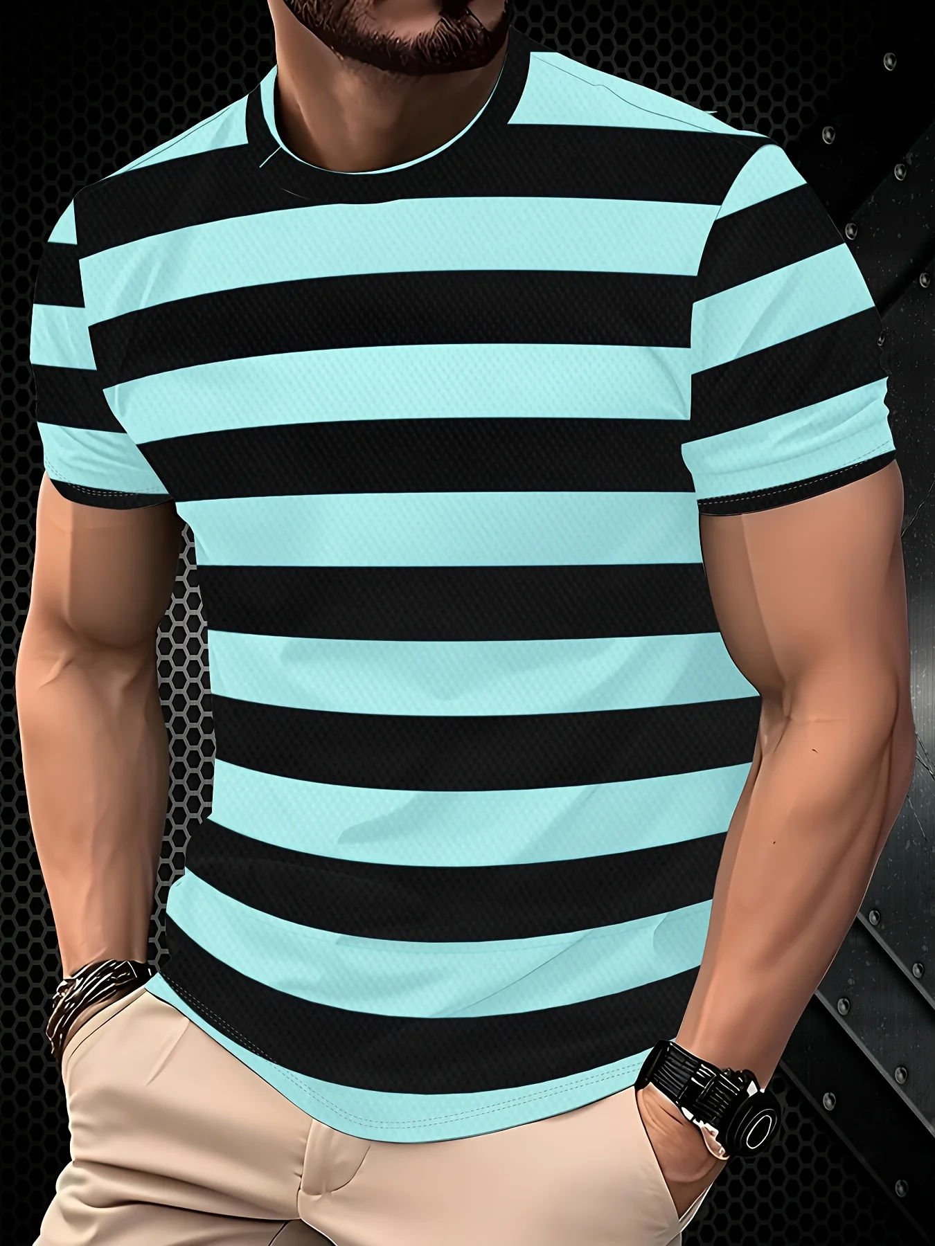 Horizontal Stripe Men T‑Shirt, Black Mint Color Block Striped Design Short Sleeve Crew Neck Outdoor Casual Top