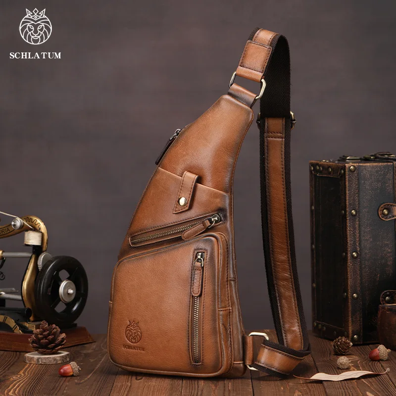 Borsa da petto a tracolla in pelle da uomo retrò senior con strato di testa cowhard borsa a tracolla anteriore di grande capacità