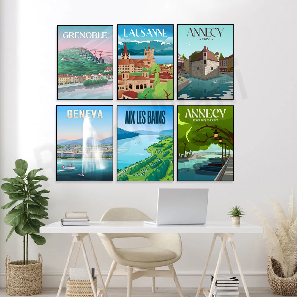 Lake Geneva, Aix-les-Bains, Lake Bourget, Grenoble, Lake Annecy, town of Saint-Maurice, Evian-les-Bains, Alps, travel poster