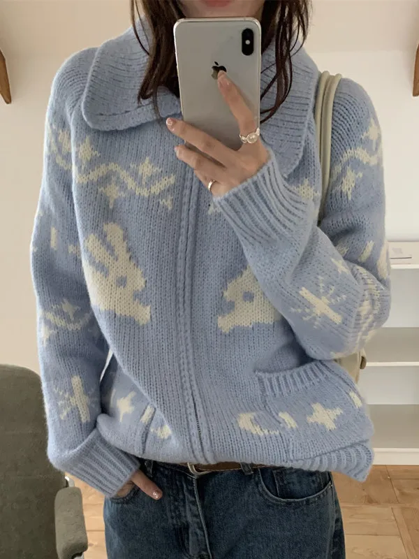 

Korean Sle Agel Color Blo Knitwear Zipper Collar Loose ort Sve Long Sve Women's Sweater Coat Autumn Winter Ope...