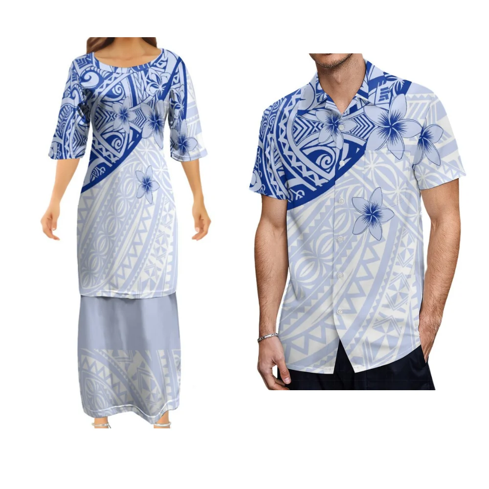 البولينيزية المرأة Puletasi الصيف زوجين دعوى قميص رجالي المرأة فستان طويل 2025 جديد ساموا القبلية تصميم الرجعية الفن فستان بتصميم بدلة