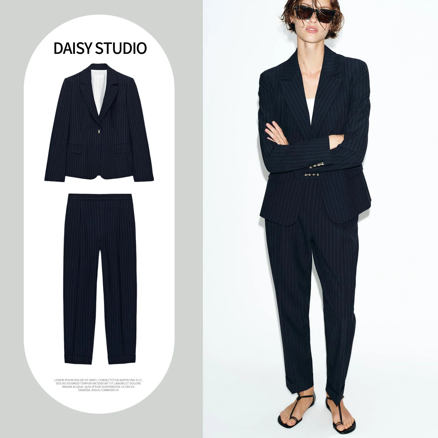 

Shoulder Pad Long Sleeve Tailored Suit Jacket Striped High Waist Pleated Pants Women's Professional Workwear Ensemble