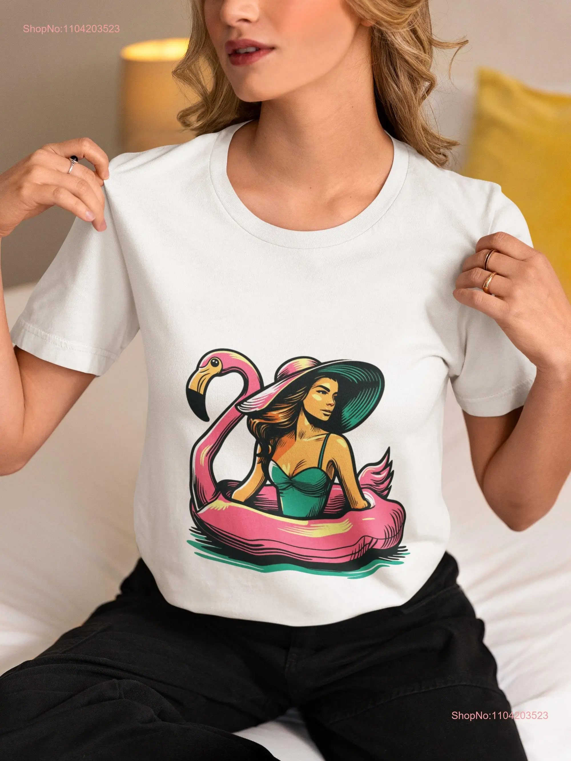 Teal Swimsuit Flamingo Pool Float T Shirt Summer Fashion Casual Wear Stylish Perfect for Beach Days and Parties