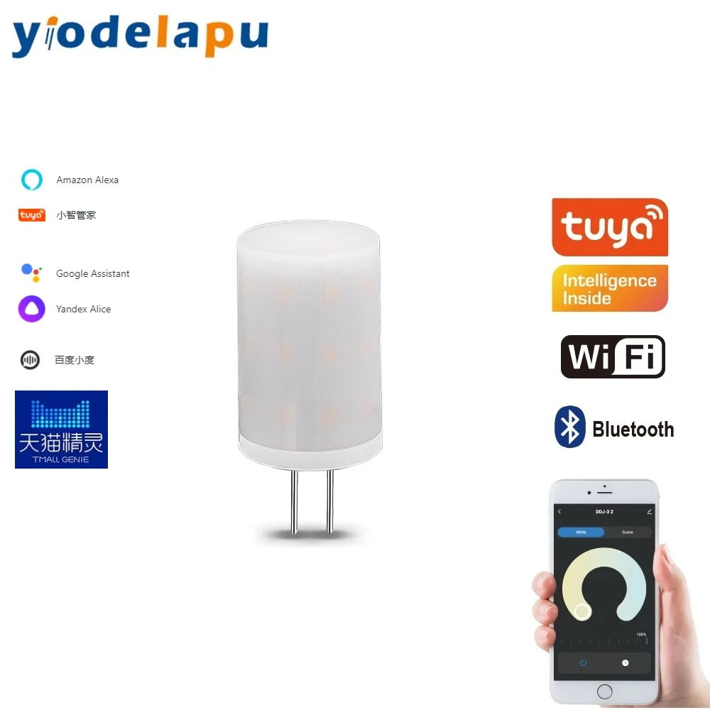 Imagem -04 - Luz Inteligente Regulável Tuya g4 Lâmpada Led Lâmpada Inteligente Controle de Voz Wi-fi Suporte Alexa Google Home dc ac 12v 5w 6w 2700k6500k