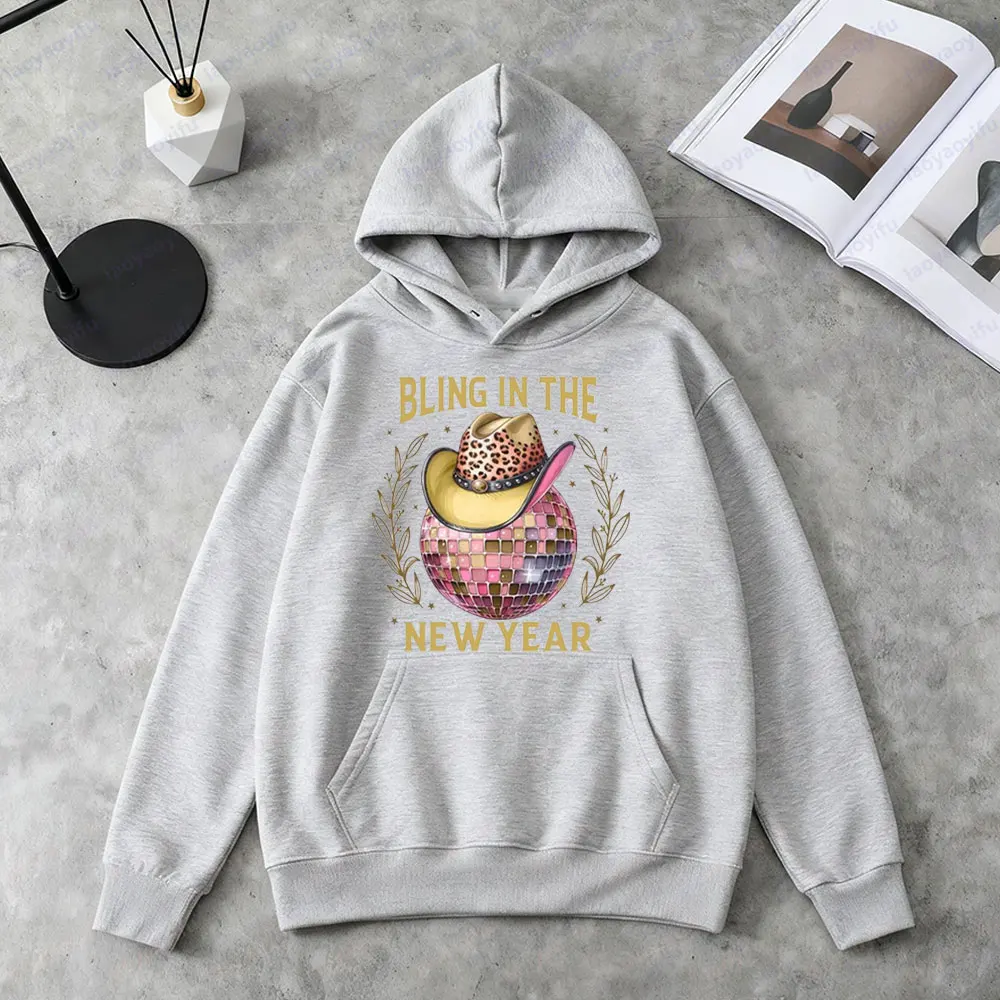 بلينغ في السنة الجديدة البلوز الوردي ديسكو الكرة السنة الجديدة هوديس الغربية راعية البقر قبعة هوديي المرأة موضة عطلة الشارع الشهير