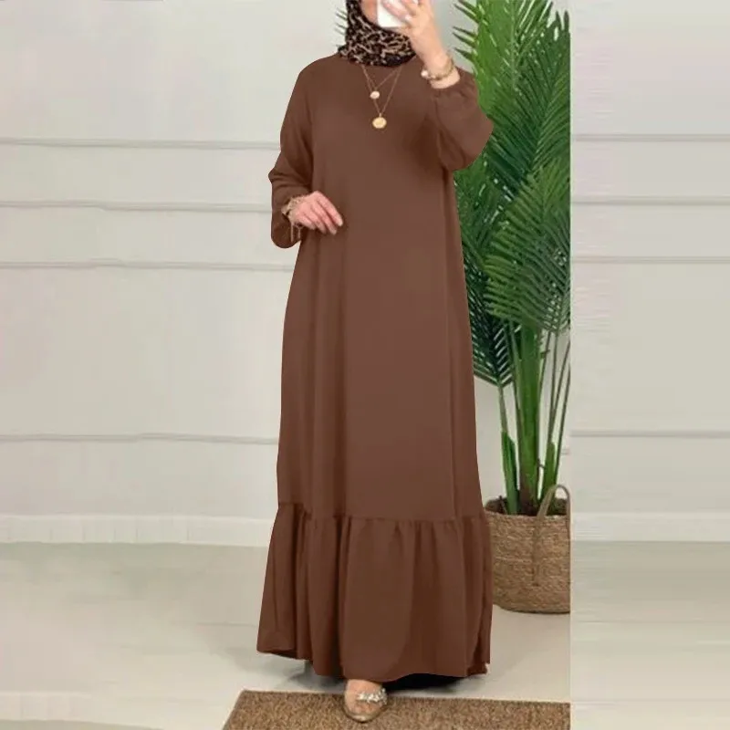 Einfarbige Puff ärmel mit Rüschen Frauen muslimische Kleider Vintage Party Sommerkleid Mode Langarm Maxi kleid Truthahn Abaya