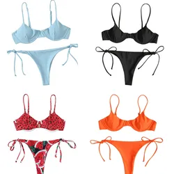 Ensemble de maillot de bain fendu pour femmes, bikini à col en V uni/imprimé + culotte à lacets pour l'été