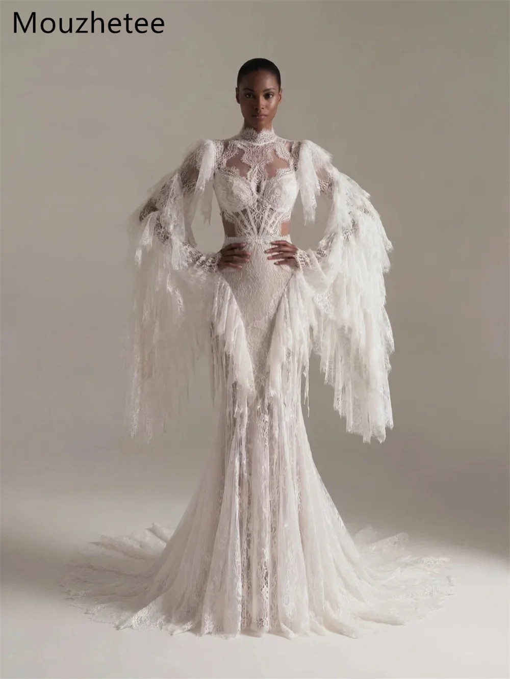 Mouzhetee Mermaid Elegant O-Neck Lace Pleat Wedding Dresses Simple Long Sleeve Brides Gown Custom Made 2026