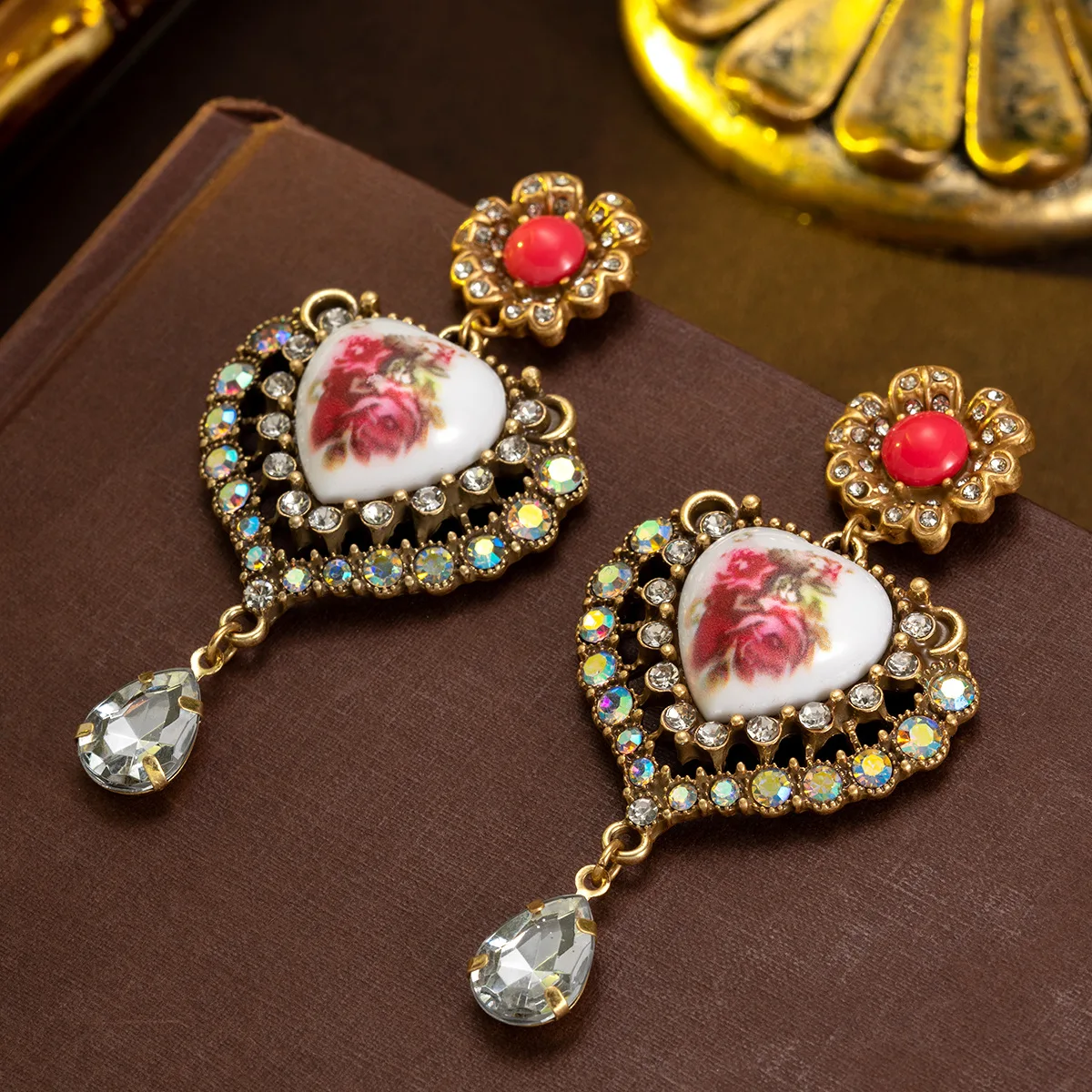 Vintage Earrings: Cute Heart, Retro Floral, Medieval Pattern Design, Classic Court Style Earrings