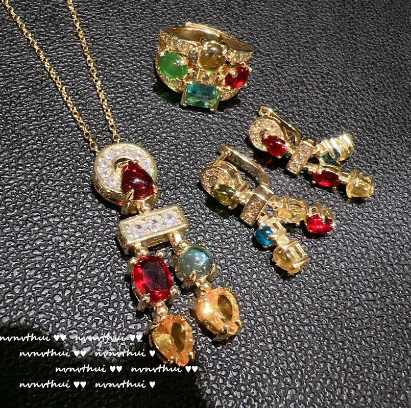 Luxury 18K Gold Color Jewelry Set Multicolour Zircon Crystal Necklace Ring Earrings Women Gorgeous Wedding Statement Jewelry