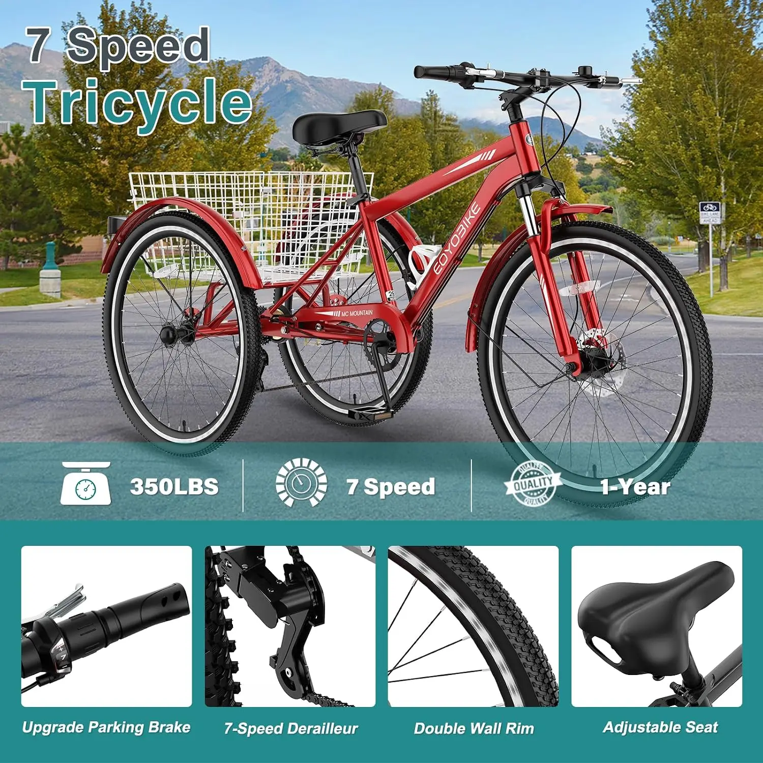 Adult Mountain Tricycle, 7-Speed 3 Wheel Bike for Adults/Men/Women, 24/26/27.5 Inch Mountain Cruiser Trike with, Customized