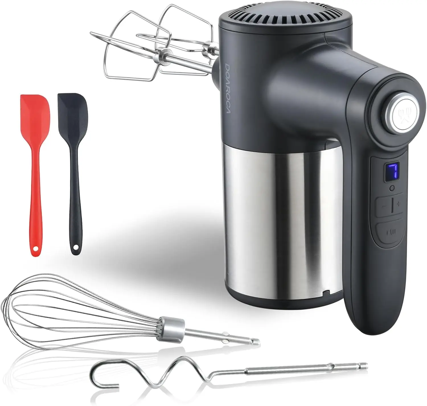 

7-Speed Cordless Hand Mixer - Digital Display Rechargeable Electric Handheld with 6 Stainless Steel Attachments (Black)