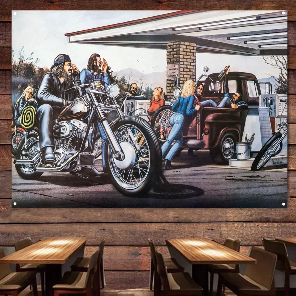 Gas station Motorcycle Painting Banner Wall Hanging Flag For Garage Retro Cafe Bar Motor Repair Shop Man Cave Wall Decor Poster