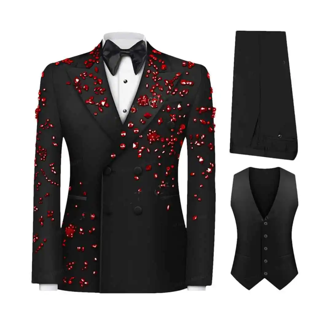 

Роскошные смокинги из бисера с остроконечными лацканами, двубортный пиджак по индивидуальному заказу, повседневный деловой пиджак со стразами, жилет и брюки, комплект из 3 предметов