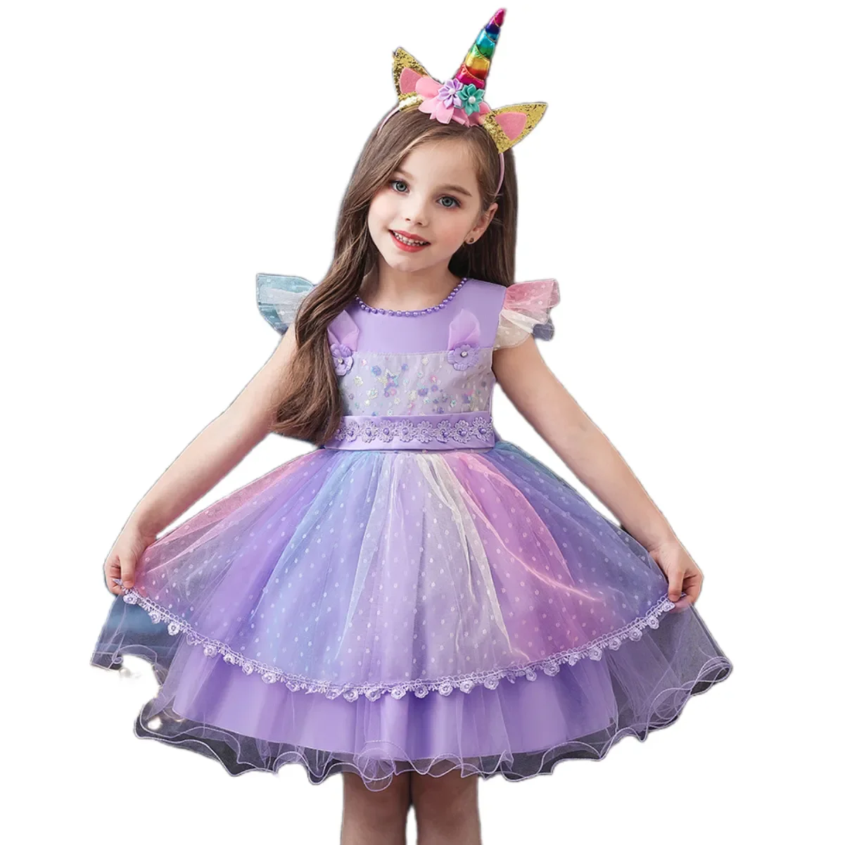 

Baby Girl 1 3 5 Year Halloween Unicorn Lilac Dresses Costume Children Elegant Cheap Fluffy Birthday Party Clothing Free Shipping