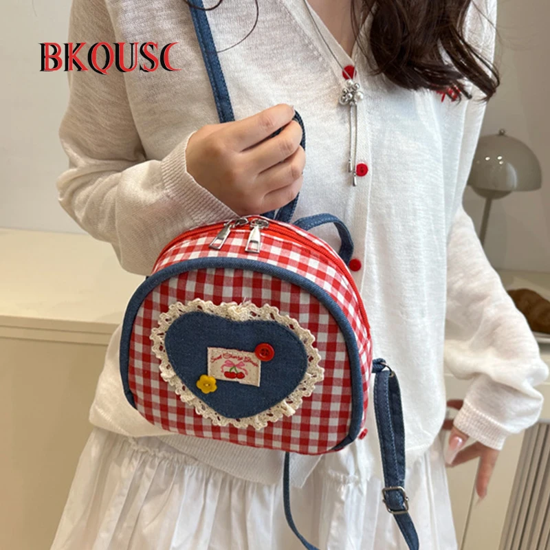 BKQUSC new causual cute love lace patch button mini backpack bags dark blue denim red plaid small backpacks for women girls