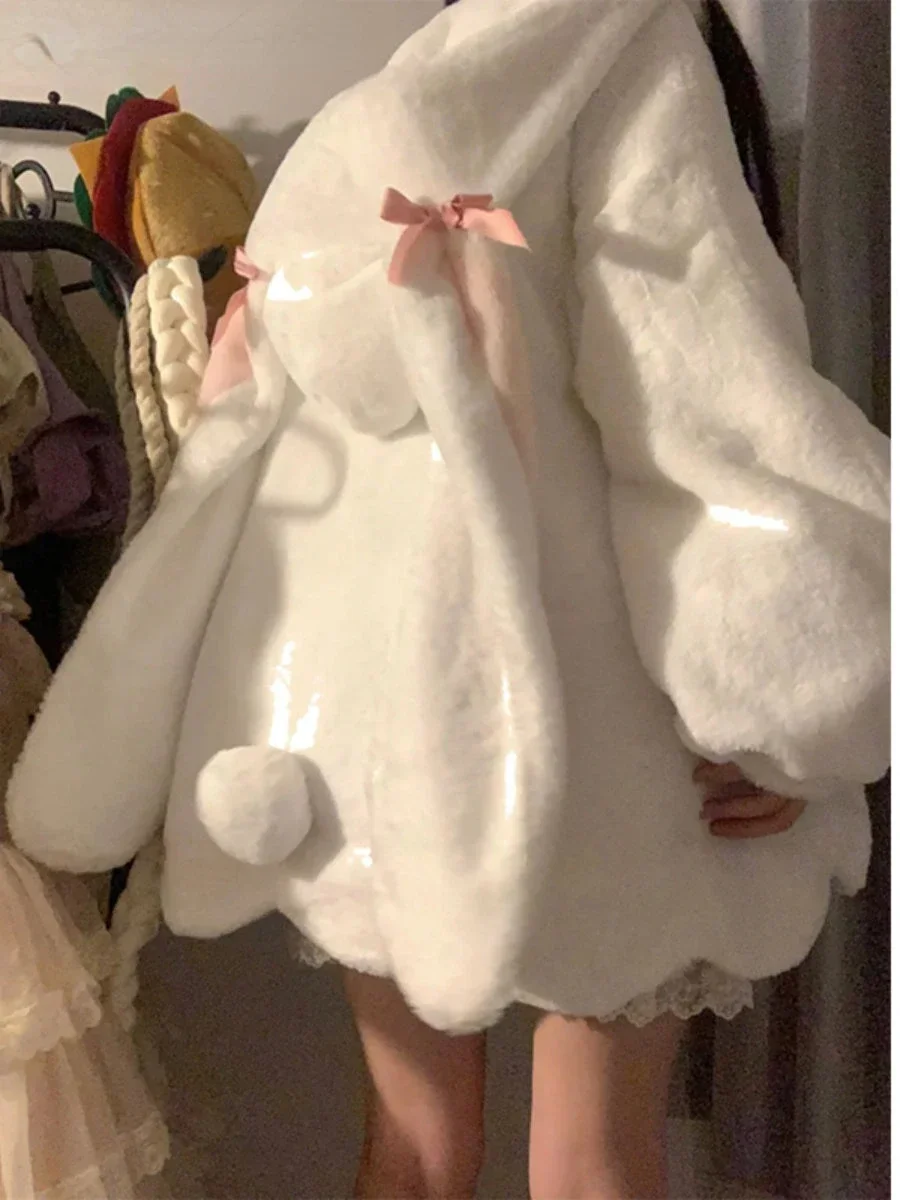 

Japanese Sweet Cute Rabbit Ears Furry Coat Women Winter Fleece-Lined Lamb Fur Cotton-Padded Jacket Horn Button Design Fur Coats