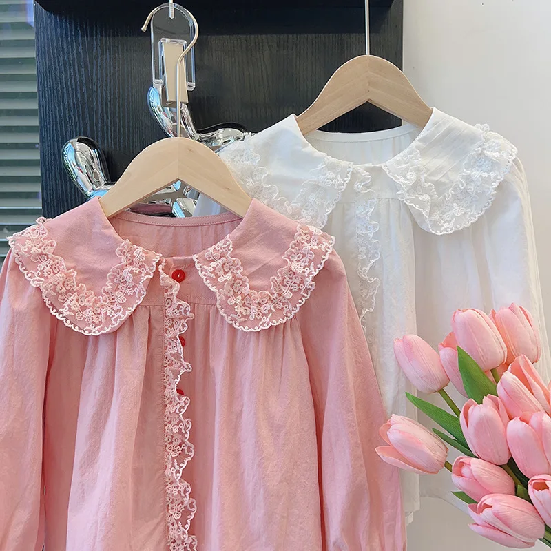 1-10Y Girls Lace Doll Collar Ruffle Shirt Spring Autumn Princess Long Sleeved T-shirts Fashion Versatile Children Clothing Tops