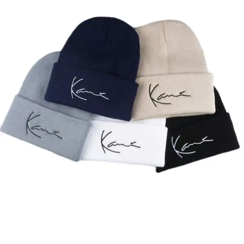 Karl Kani Retro Letter Embroidered Knitted Hat for Men and Women, Acrylic Double Layer Autumn/Winter Warmth Hooded Knitted Hat,