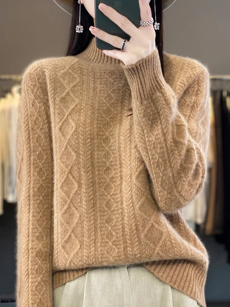 

Women Autumn Winter Sweater Twist Flower 100% Merino Wool Mock-neck Casual Cashmere Knitwaer Pullover Korean Fashion TopsZT68