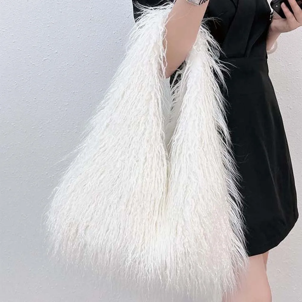 

Casual Stripe Faux Fur Ladies Tote Large Capacity Portable Shoulder Bag Soft Magnetic Button Furry Tote Bag Autumn