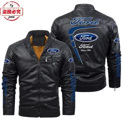 Ford LOGO Jacket Racing Suit Windproof Winter Plus Velvet Warm Ford Team Men's PU Leather Solid Color Jacket