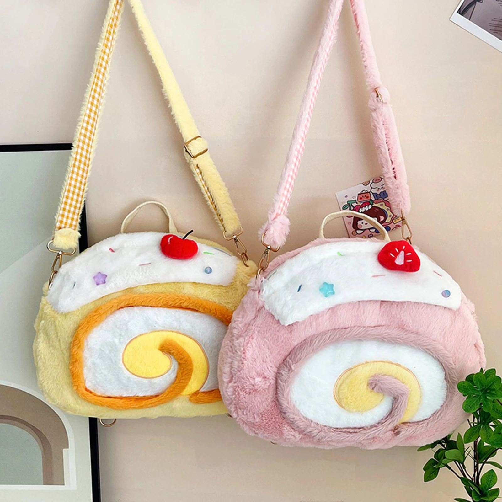Roll Cake Design Kawaii Plush Backpack Cherry Embroidery Girls Convertible Shoulder Crossbody Bag