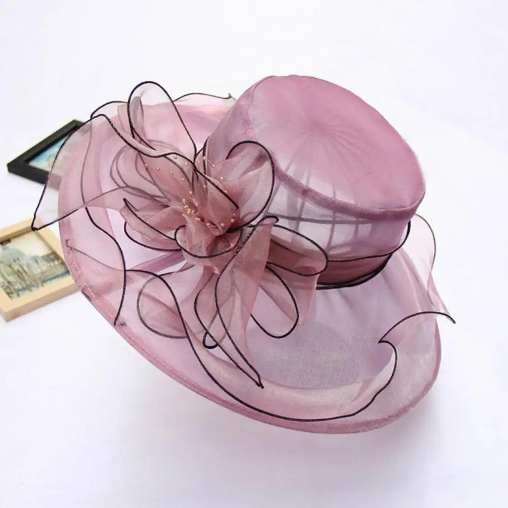 Lato w stylu Vintage stroiki do włosów dla kobiet eleganckie Organza szerokie rondo Flowe panie Kentucky Derby wesele kościół kapelusz Fedora